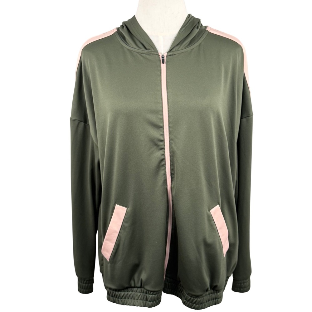 Zelos Womens 0X 14W Track Jacket Olive Green Pink Zip Up Hoodie Curvy Athleisure